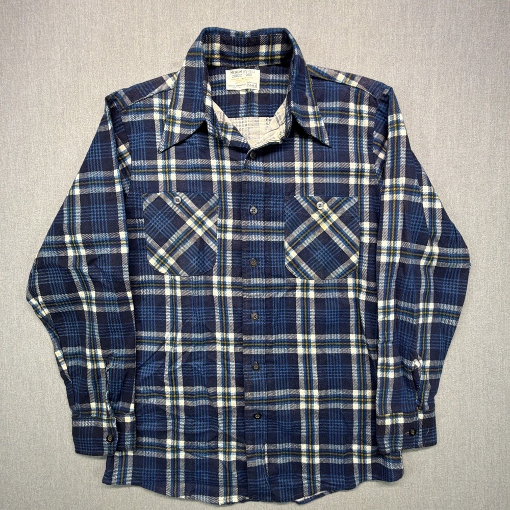 VTG Sears Flannel Shirt Printed Medium Disco Rockabilly Dagger Collar 70s 80s